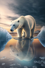 White polar bear on melted glacier puddle and icicles in North Pole, sunlight Global warming. AI Generative