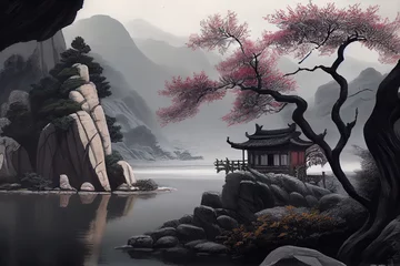 Foto op Aluminium Oriental landscape with japanese traditional building close to river and cloudy mountains in time of sakura blossom. Generative AI technology. © Oleksandr
