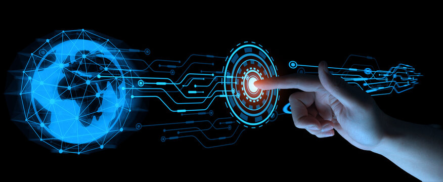 finger press button technology connect circuit to start world cyberspace network on dark background