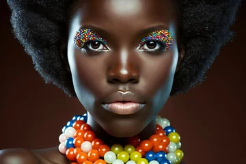 Fotobehang Hübsche junge Afrikaner Frau mit tollem Make-Up und Kugeln Halsband Porträt, ai generativ © www.freund-foto.de