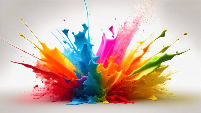 abstract wallpaper with exploding rainbow water splash paint with vivid colors on white background