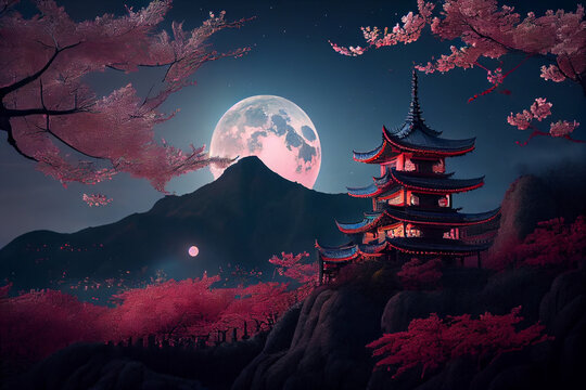 Beautiful Chinese temple on a mountain with Sakura trees at night, bright moon in the sky. Generative AI technology.