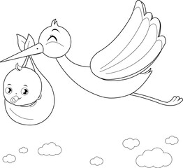 A stork flying in the sky and delivering a cute newborn baby. Vector black and white coloring page.