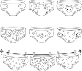 Baby girl and baby boy underwear and diapers collection hanging on clothes line. Vector black and white coloring page.