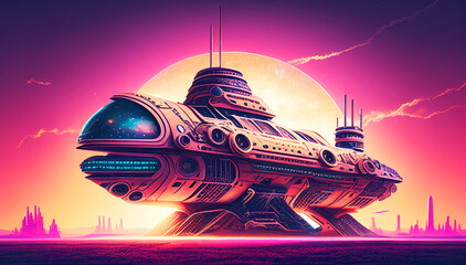 Fototapeta na wymiar Retro-Futuristic Spacecraft: A Neon Synthwave Spacecraft illustration. Nostalgia. Generative ai