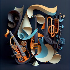 Abstract jazz instruments. Paper cut style. Generative AI