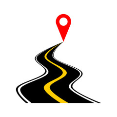 Black asphalt winding road with red location pin icon flat vector design