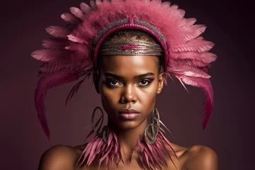 Fotobehang Hübsche junge Afrikaner Frau mit tollem Make-Up und Federn Kopfschmuck Porträt, ai generativ © www.freund-foto.de