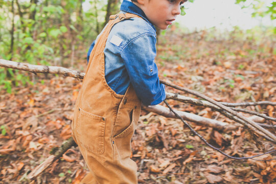 A young boy drags a tree branch out of the forest while playing in nature.