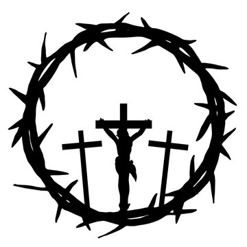 recommend clip art: Good friday crucifixion Easter religious vector illustration - Black silhouette of Crown of thorns icon symbol and crucifix cross with jesus, isolated on white background