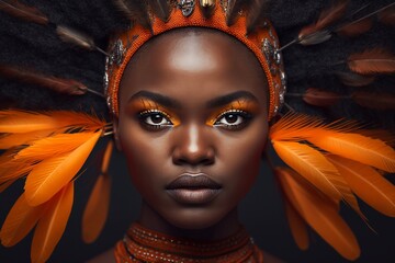 Hübsche Afroamerikanische Frau mit Federn am Kopf posiert als Model für Porträt Aufnahmen im Fotostudio, ai generativ