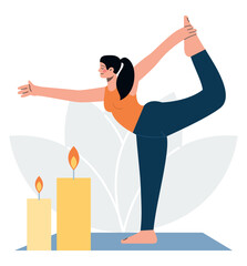 Health and selfcare lesson with candles. Yoga asana like lifestyle. Flat vector minimalist illustration of yoga poses