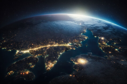 View of planet earth from space. The rising sun on the horizon and illuminated cities on the continent. Generative ai