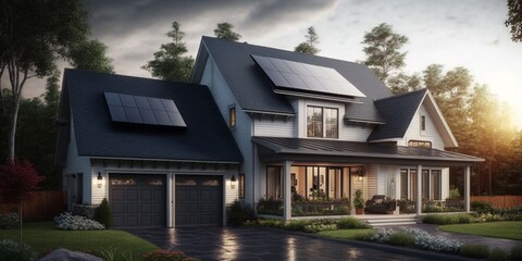 Eigenheim mit Solarpanelen auf dem Dach zu Stromgewinnung für das E-Auto, ai generativ