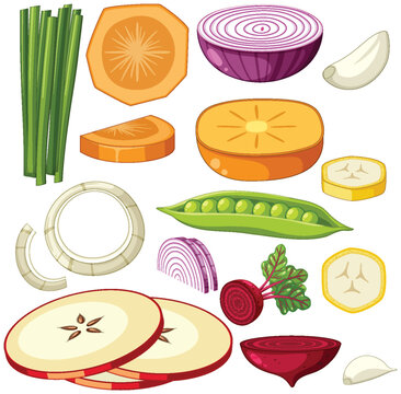 Set of sliced vegetable and fruit