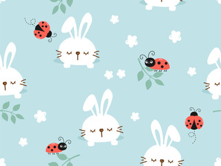 Seamless pattern with sleeping bunny rabbit in the hole, daisy flower, leaves and lady bugs on blue background vector illustration. Cute childish print.