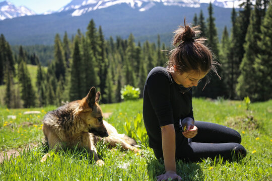 A Teenage Girl sits with her dog in an Alpine Meadow after a hike - Powered by Adobe