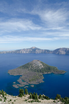 Wizard Island is the larger of the two islands on Crater Lake, the deepest lake in the USA at 1,943 feet.