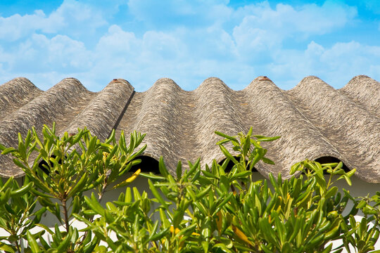 Old aged roof made of corrugated asbestos panels - dangerous materials in buildings and construction industry