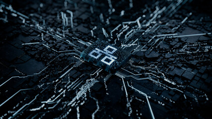 Network Technology Concept with ethernet symbol on a Microchip. Data flows from the CPU across a Futuristic Motherboard. 3D render.