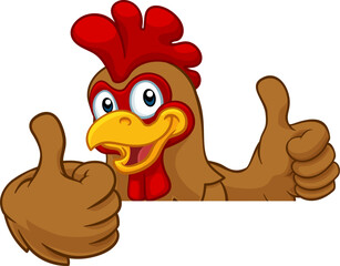 A chicken rooster cockerel bird cartoon character peeking over a sign and giving a double thumbs up