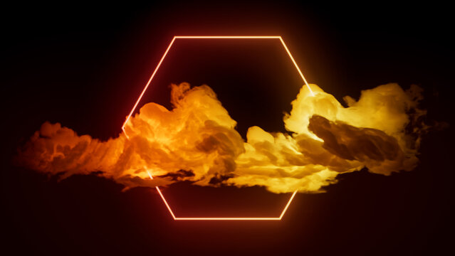 Cloud Formation Illuminated with Orange and Yellow Fluorescent Light. Dark Environment with Hexagon shaped Neon Frame.