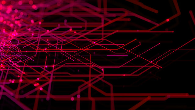 Red and Pink Geometric Lines form a Futuristic Technical Grid. Computing Concept.