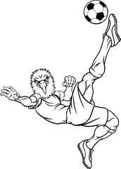 An eagle soccer football player cartoon animal sports mascot kicking the ball