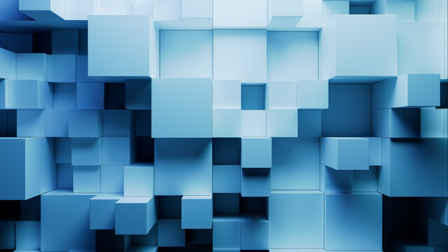 Contemporary Tech Background with Precisely Constructed Multisized Cubes. Blue, 3D Render.