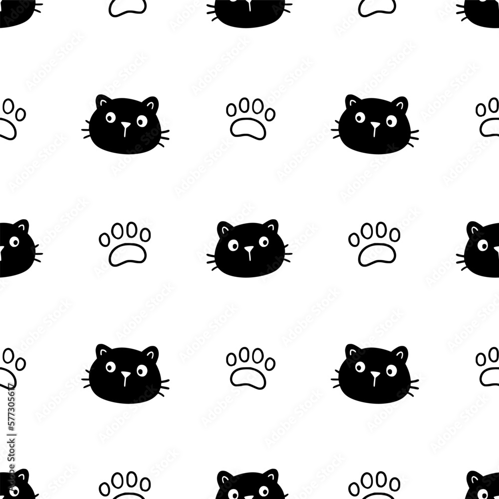 Poster cute cat face pattern seamless. hand drawn sketch doodle kitty black face on white background. cat f