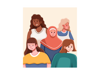 An illustration of a group of women with different races and skin colors gathering together in unity and solidarity, showcasing the beauty of inclusivity and diversity.
Suitable card, banner, web.