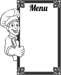 A chef cook man cartoon character giving a thumb up hand sign and peeking around a background menu sign