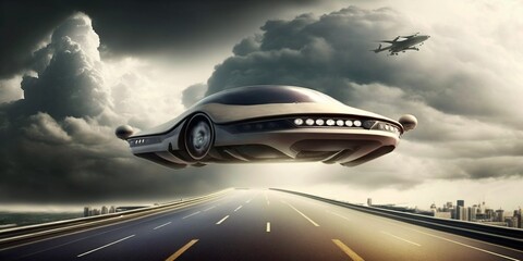 Fototapeta na wymiar Fliegendes Auto extrem schnell unterwegs im Jahr 2035, ai generativ