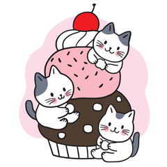 Cartoon cute cat and cup cake vector.