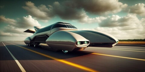 Fototapeta na wymiar Fliegendes Auto extrem schnell unterwegs im Jahr 2035, ai generativ