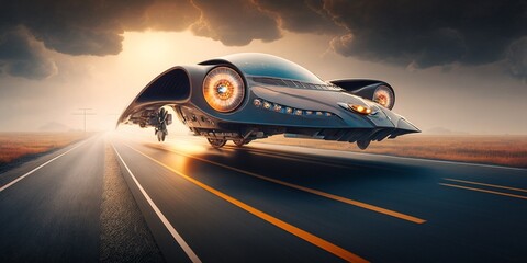 Obraz na płótnie Canvas Fliegendes Auto extrem schnell unterwegs im Jahr 2035, ai generativ