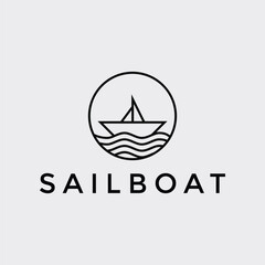 illustration vector graphic sailboat logo design minimalist with circle and waves beach