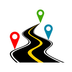 Black asphalt winding road with location pin icon flat vector design