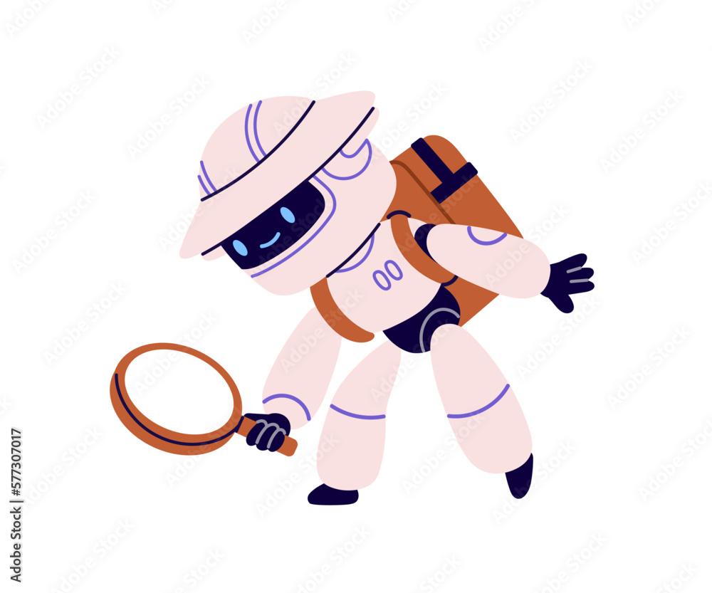 Aufkleber Cute robot searching with magnifying glass. Curious android character finding, researching with magnifier, lens. Discovery, curiosity concept. Flat vector illustration isolated on white background