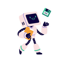 Cute retro robot, android character with floppy disk and computer folder. 90s robotic machine with diskette for information storage, memory. Flat vector illustration isolated on white background