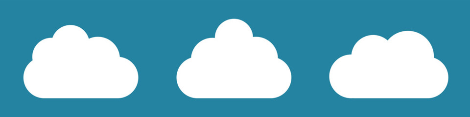 White cartoon clouds set isolated on blue background. Collection of different clouds for background template, wallpaper and fluffy sky design. Flat clouds concept. Clouds vector illustration