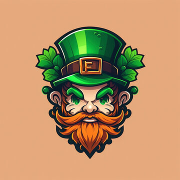 leprechaun head with hat and ginger beard, flat 2d, vector logo design - St. patrick's day - Generative Ai