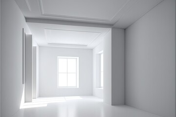 Abstract solid white minimalistic interior room with white walls, floor and ceiling. Generative AI illustration.