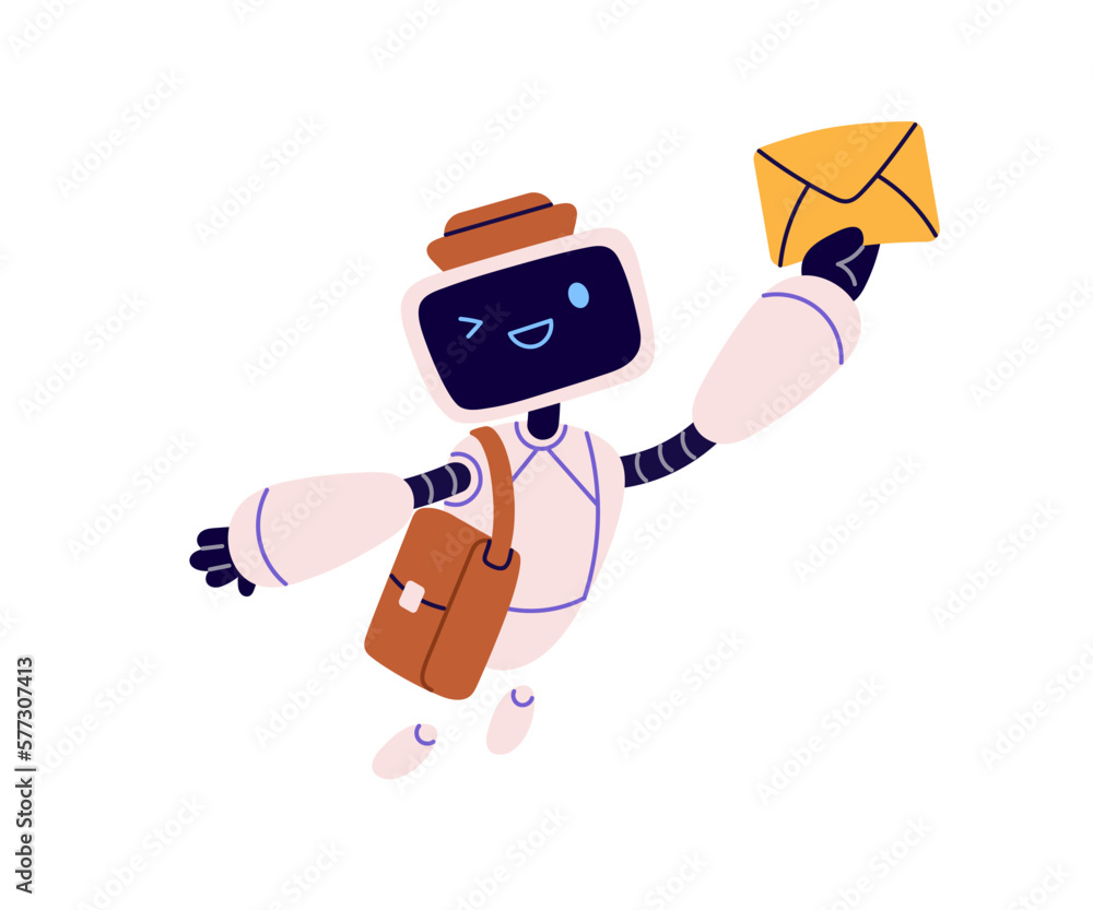 Aufkleber Cute robot character from post delivery service. Robotic postman with envelope. Retro android machine with email letter. Electronic mail concept. Flat vector illustration isolated on white background