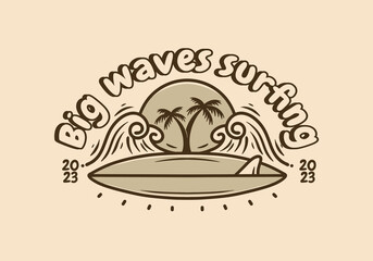 Illustration design of surf board, waves and coconut trees