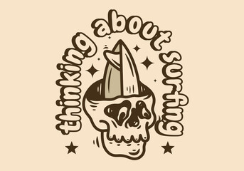 Skull art illustration with surfing board on it