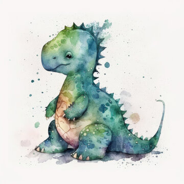 Cute Watercolor Baby Dino. Illustration AI Generative