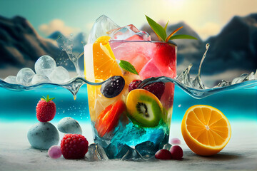 Refreshing drink with fresh berries and fruits on a hot summer background