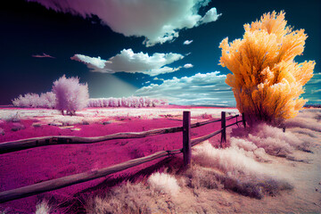 Colorful spring natural landscape of a flowering meadow of flowers and trees in the infrared spectrum