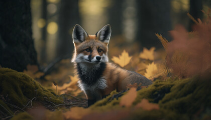 A little fox in an autumn forest